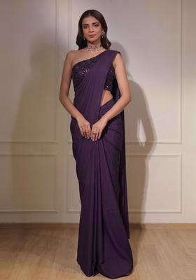 Deep Purple Sequin Net Pre Draped Saree Set