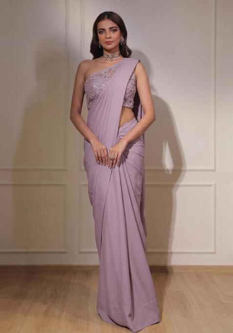 Mauve Embellished Net Pre Draped Saree Set