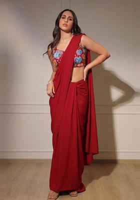 Red Printed Crepe Pre Draped Saree Set