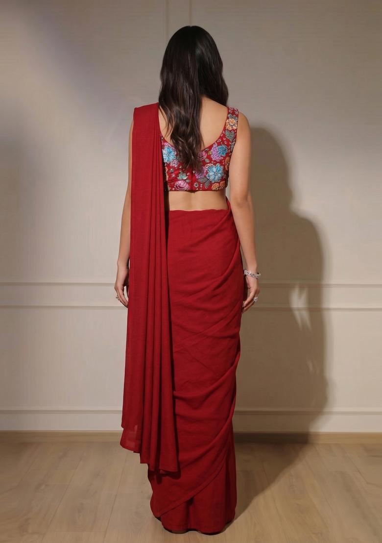 Red Printed Crepe Pre Draped Saree Set - Indya
