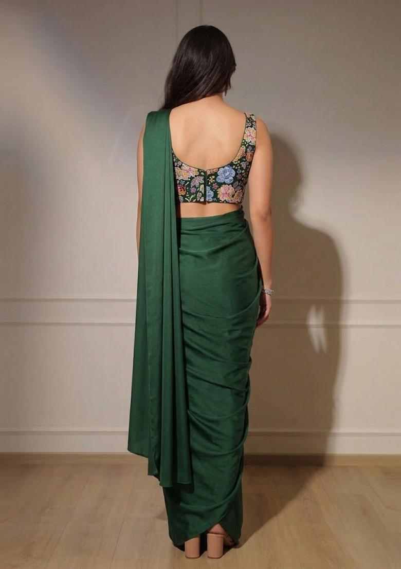 Emerald Green Printed Crepe Pre Draped Saree Set - Indya