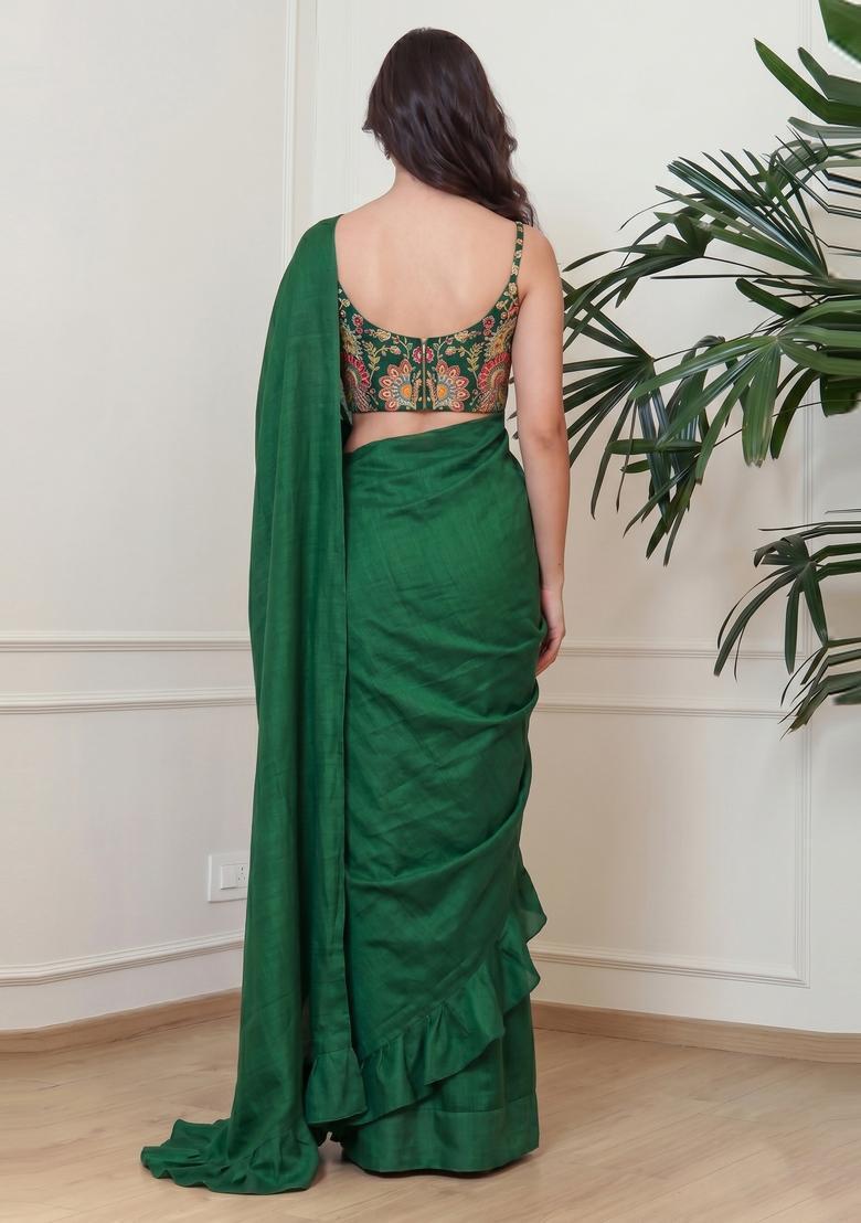 Bottle Green Embroidered Crepe Pre Draped Saree Set - Indya