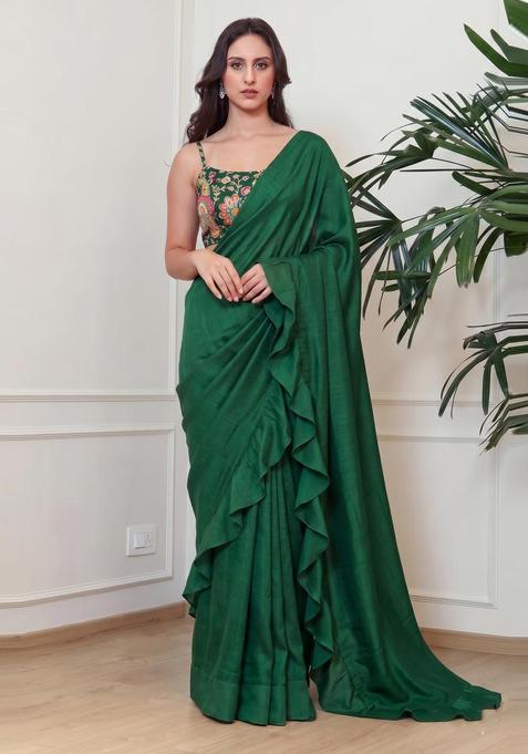 Bottle Green Embroidered Crepe Pre Draped Saree Set