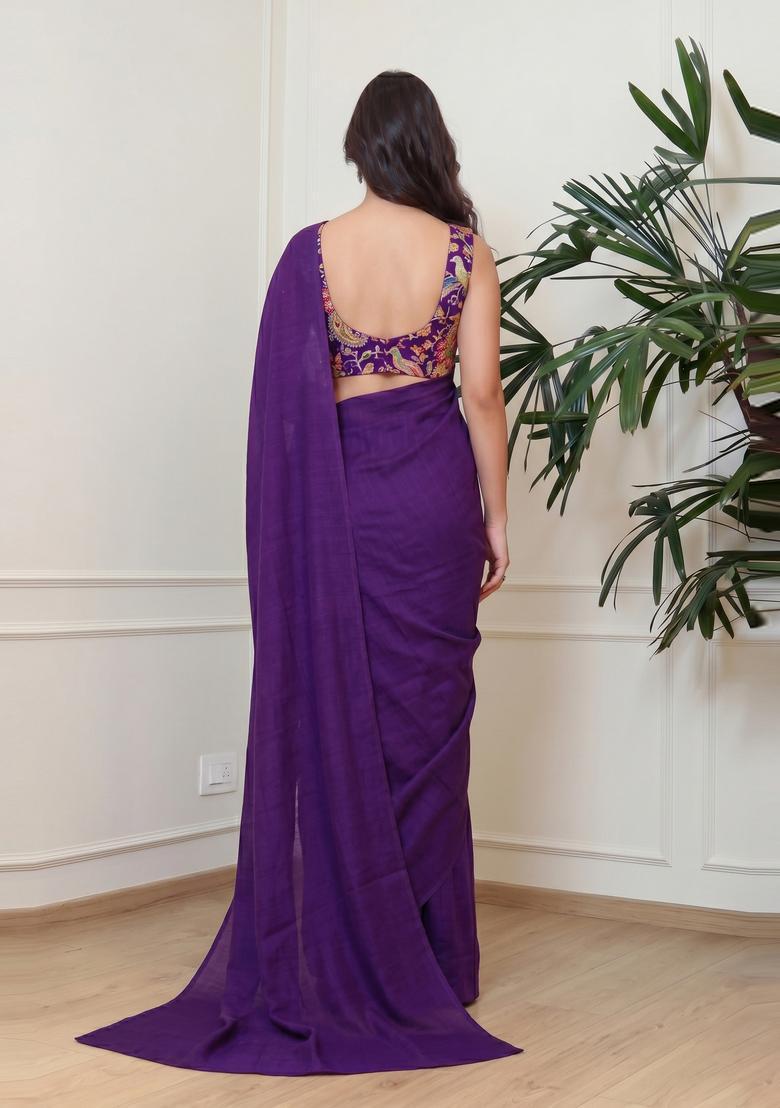 Purple Embroidered Crepe Pre Draped Saree Set - Indya
