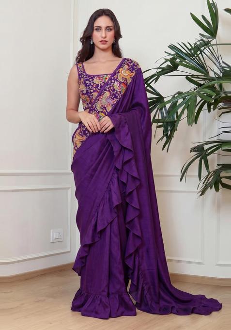 Purple Embroidered Crepe Pre Draped Saree Set