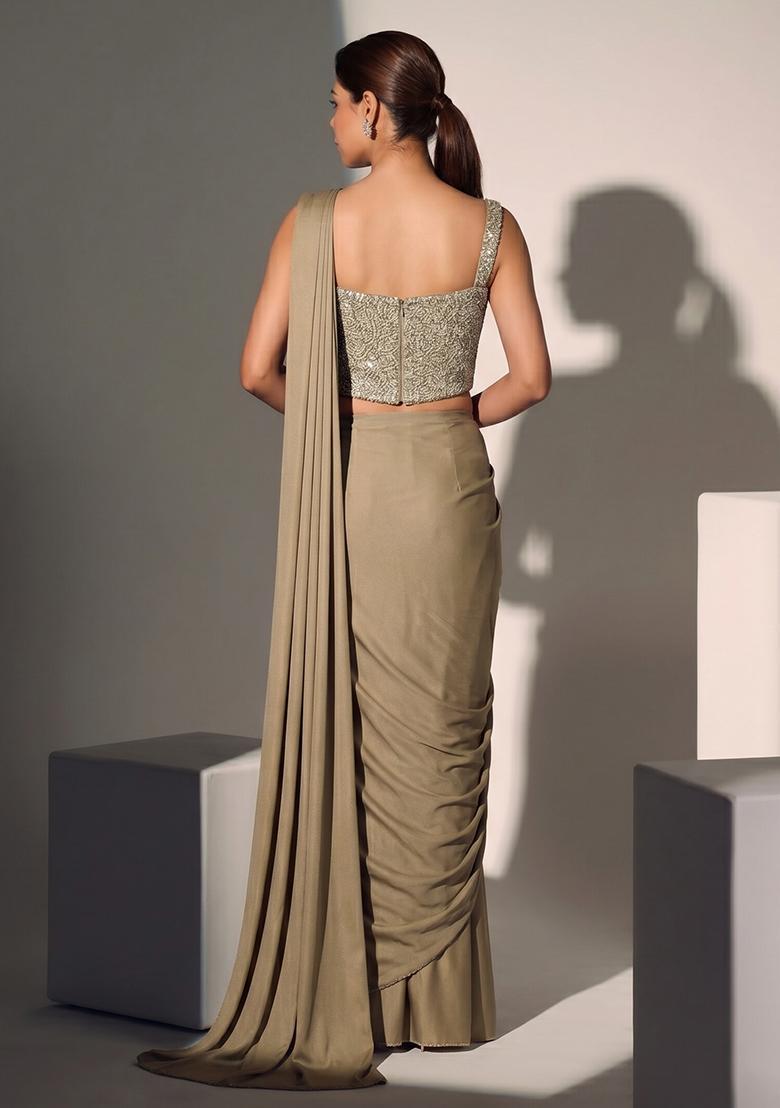 Light Brown Sequin Georgette Pre Draped Saree Set - Indya