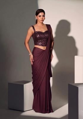 Dark Brown Sequin Georgette Pre Draped Saree Set