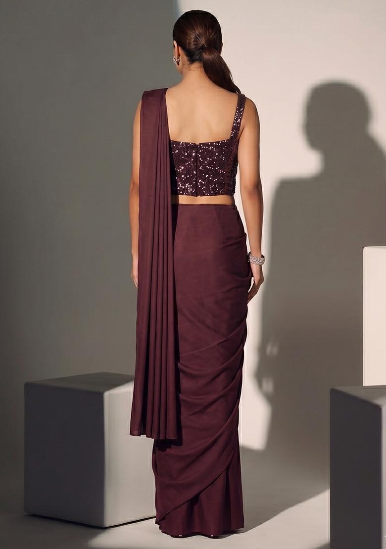 Dark Brown Sequin Georgette Pre Draped Saree Set - Indya