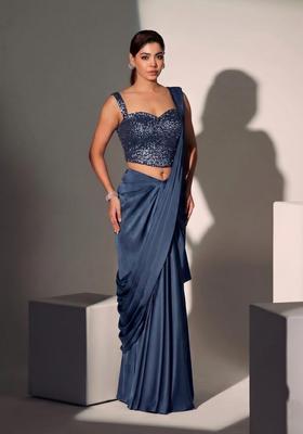 Midnight Blue Sequin Georgette Pre Draped Saree Set