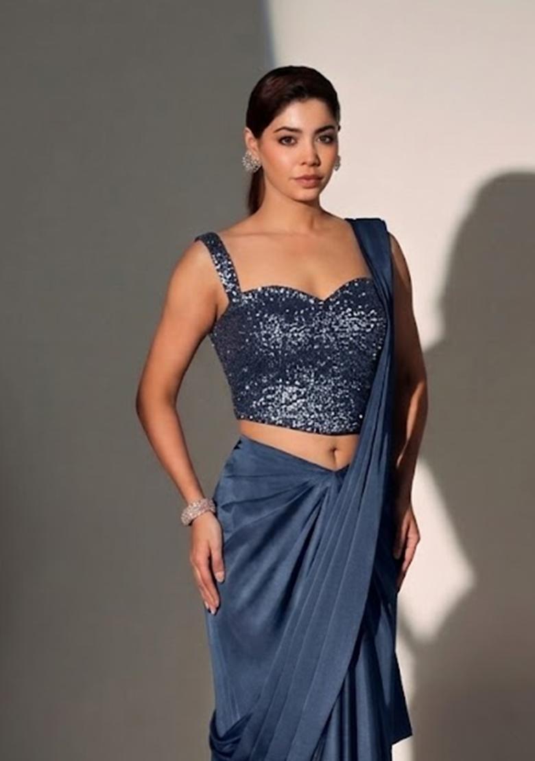Midnight Blue Sequin Georgette Pre Draped Saree Set - Indya