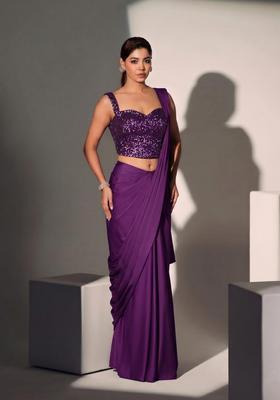 Plum Sequin Georgette Pre Draped Saree Set