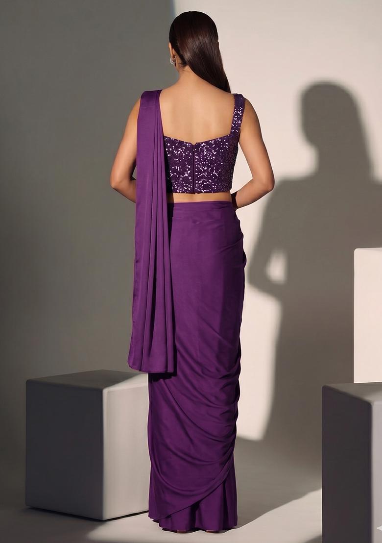 Plum Sequin Georgette Pre Draped Saree Set - Indya