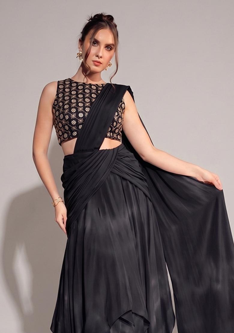 Black Sequin Georgette Pre Draped Saree Set - Indya