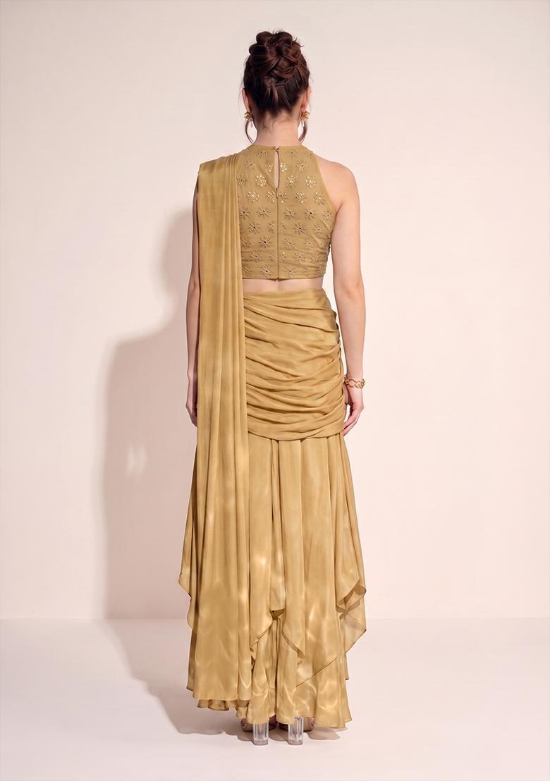 Beige Sequin Georgette Pre Draped Saree Set - Indya