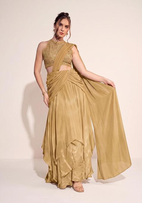 Beige Sequin Georgette Pre Draped Saree Set