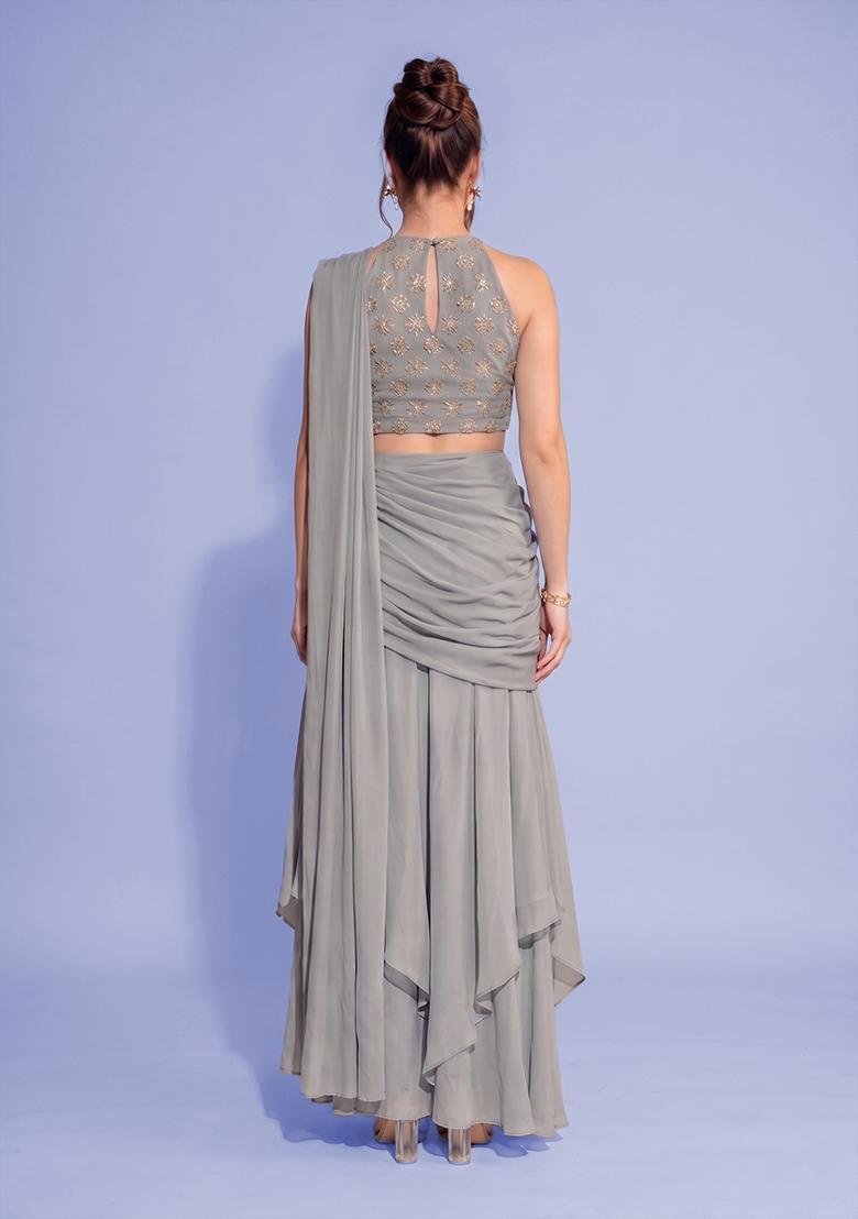 Grey Sequin Georgette Pre Draped Saree Set - Indya