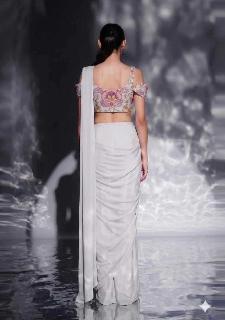 Off White Printed Organza Pre Draped Saree Set - Indya