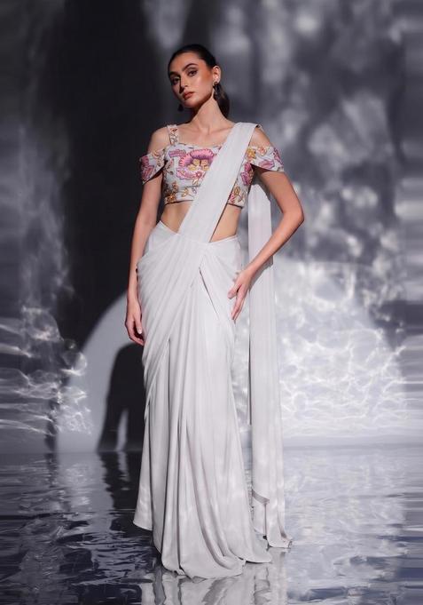 Off White Printed Organza Pre Draped Saree Set