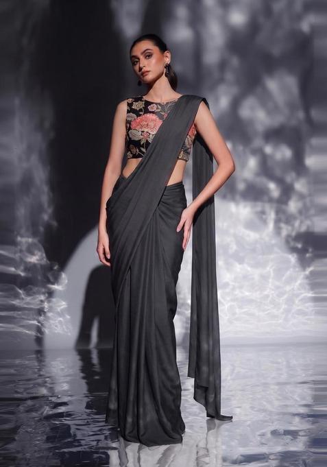 Black Printed Organza Pre Draped Saree Set