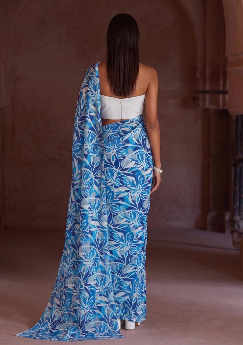 Blue Solid Crepe Pre Draped Saree Set - Indya
