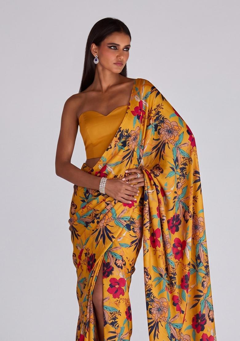Mustard Solid Crepe Pre Draped Saree Set - Indya