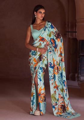 Light Blue Solid Crepe Pre Draped Saree Set