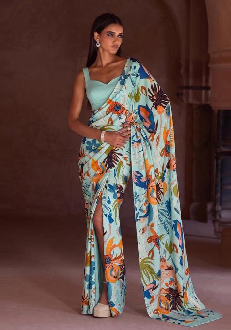 Light Blue Solid Crepe Pre Draped Saree Set