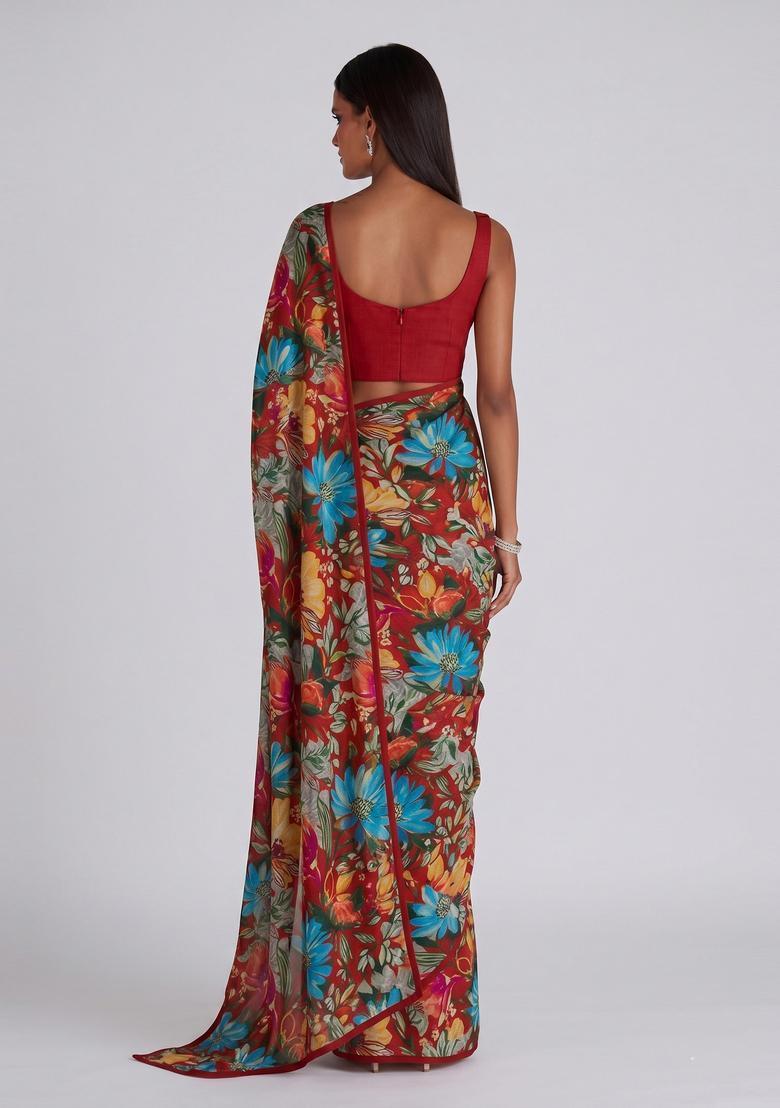 Crimson Red Solid Crepe Pre Draped Saree Set - Indya
