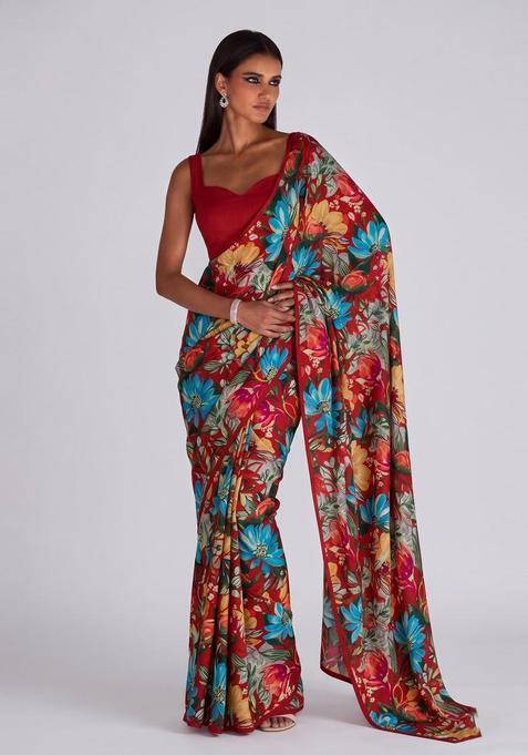 Crimson Red Solid Crepe Pre Draped Saree Set
