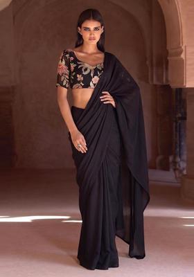 Black Embroidered Organza Pre Draped Saree Set