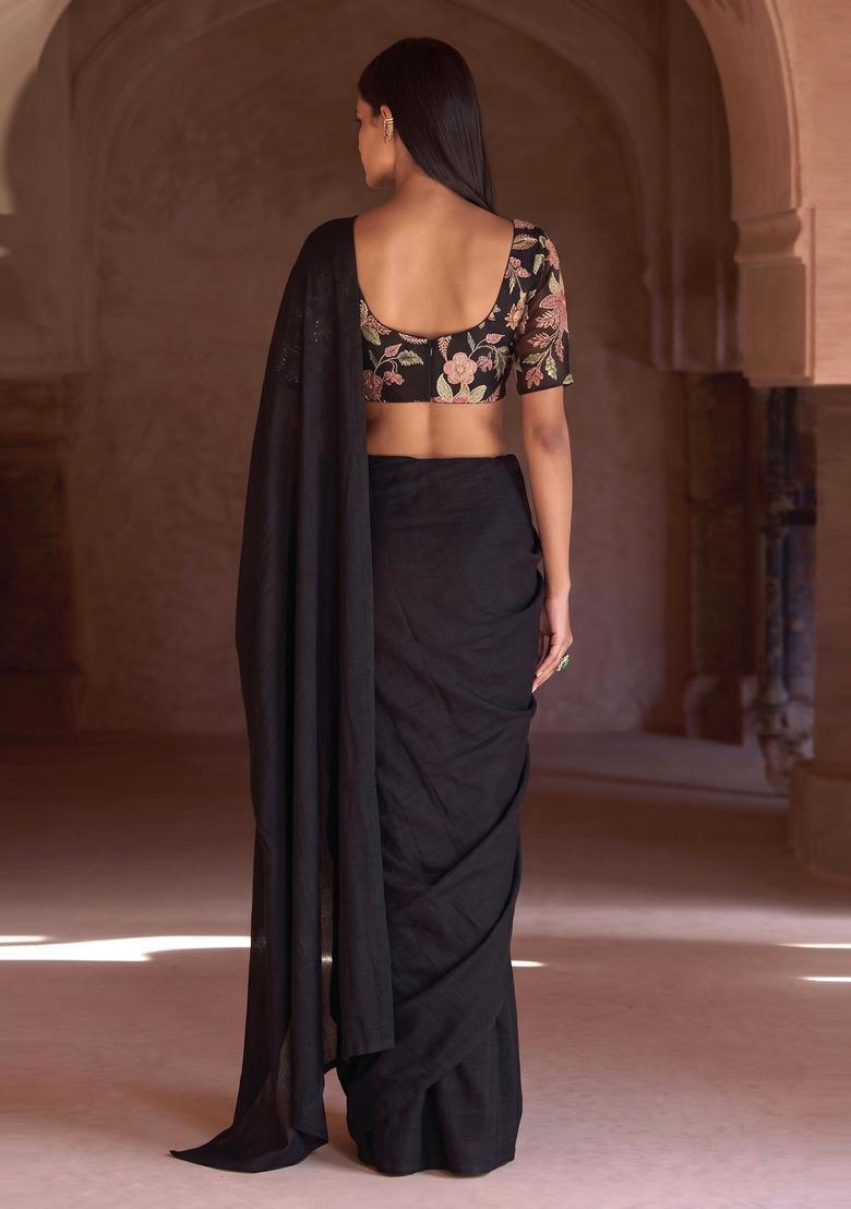 Black Embroidered Organza Pre Draped Saree Set - Indya