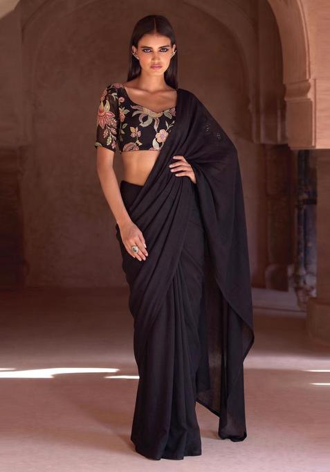 Black Embroidered Organza Pre Draped Saree Set