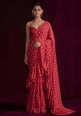 Red Printed Georgette Pre Draped Saree Set