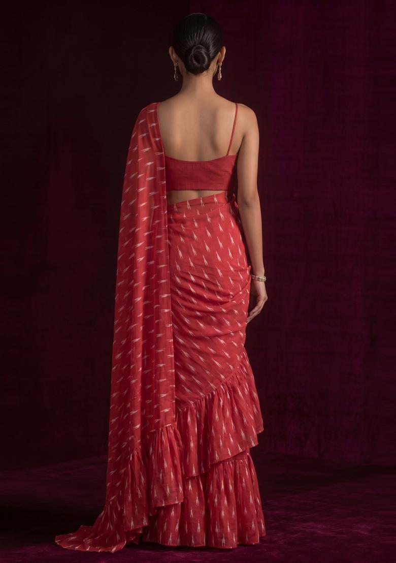 Red Printed Georgette Pre Draped Saree Set - Indya