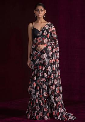 Black Printed Georgette Pre Draped Saree Set