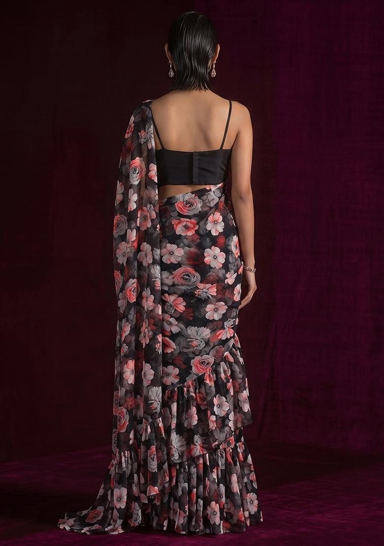 Black Printed Georgette Pre Draped Saree Set - Indya