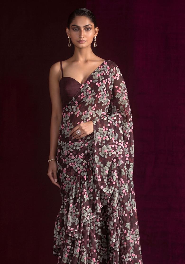  Brown Printed Georgette Pre Draped Saree Set - Indya