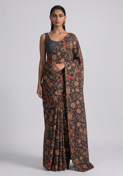 Coffee Brown Printed Georgette Pre Draped Saree Set