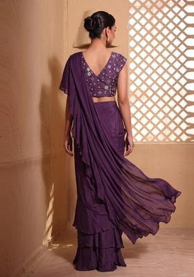 Wine Mirror Pre Draped Saree Set