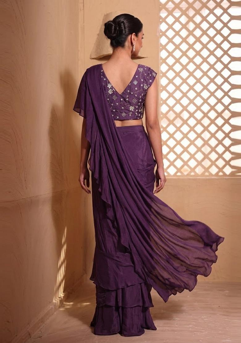 Wine Mirror Pre Draped Saree Set - Indya
