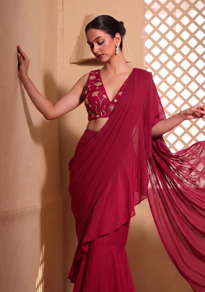Magenta Embroidered Pre Draped Saree Set - Indya