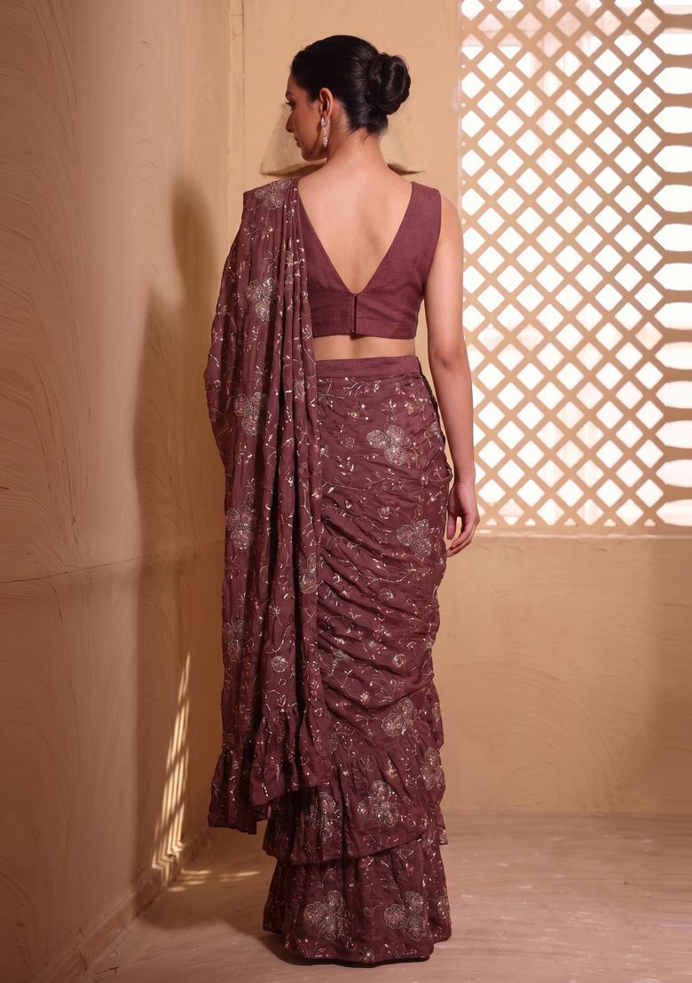 Brown Embroidered Crepe Pre Draped Saree Set - Indya