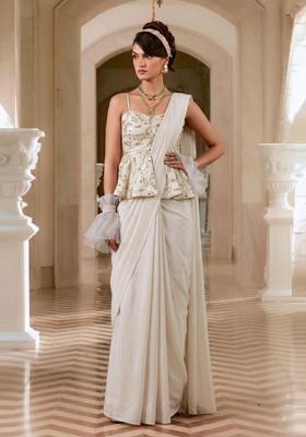 Cream Embroidered Crepe Pre Draped Saree Set