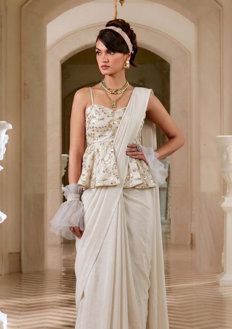 Cream Embroidered Crepe Pre Draped Saree Set - Indya