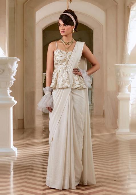 Cream Embroidered Crepe Pre Draped Saree Set
