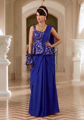 Royal Blue Embroidered Crepe Pre Draped Saree Set