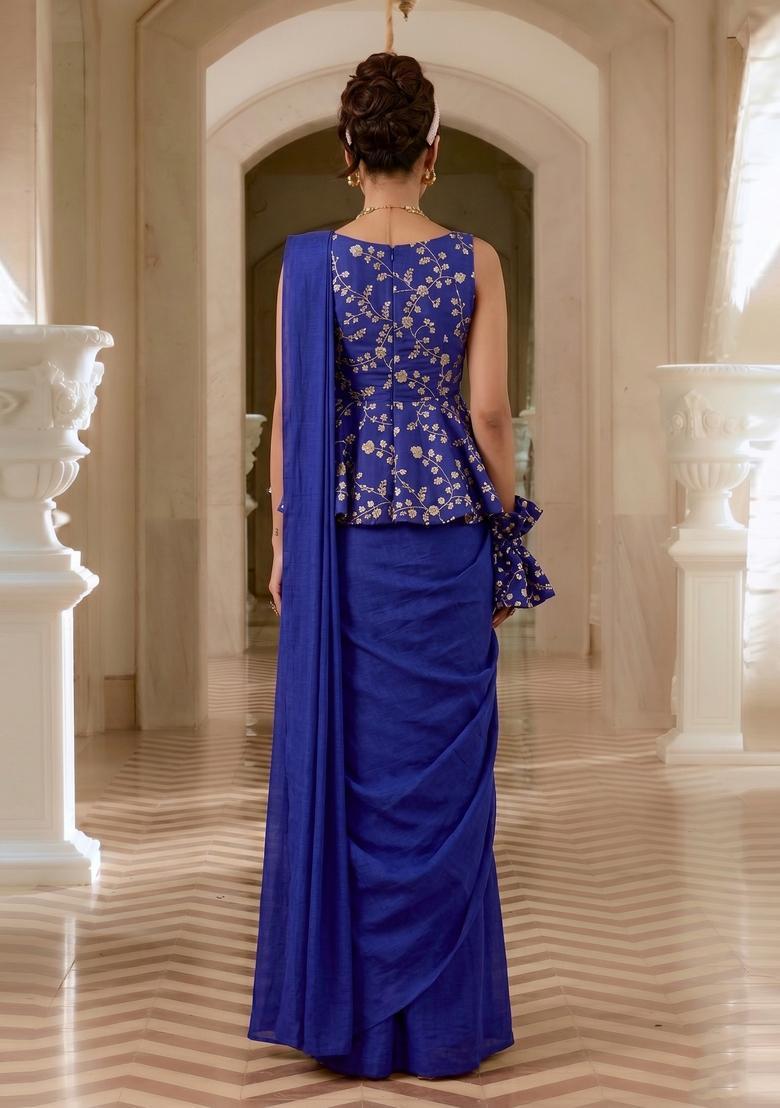 Royal Blue Embroidered Crepe Pre Draped Saree Set - Indya