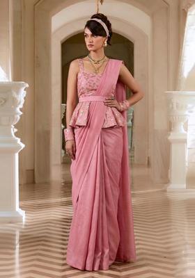 Light Pink Embroidered Crepe Pre Draped Saree Set