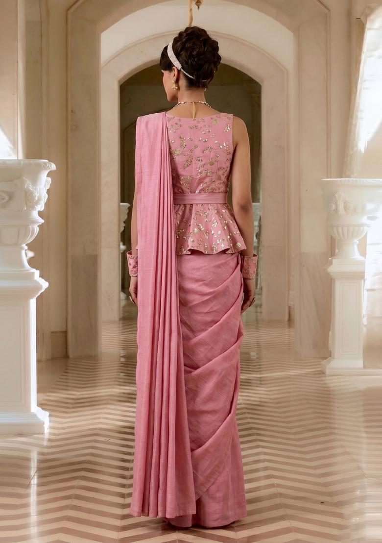 Light Pink Embroidered Crepe Pre Draped Saree Set - Indya
