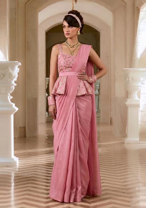 Light Pink Embroidered Crepe Pre Draped Saree Set